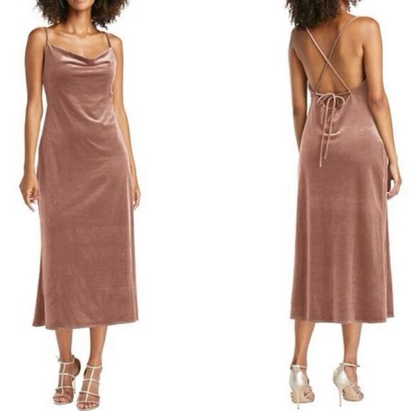AFTER SIX Tawny Rose Pink Velvet Cowl Midi Strappy Tie-Back Dress - LB020 - Sz 8 - Picture 1 of 5